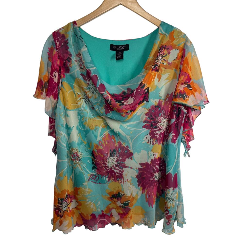 Signature By Robbie Bee Top Women 16W Blue Floral Cowl‎ Neck Sequin Plus Size